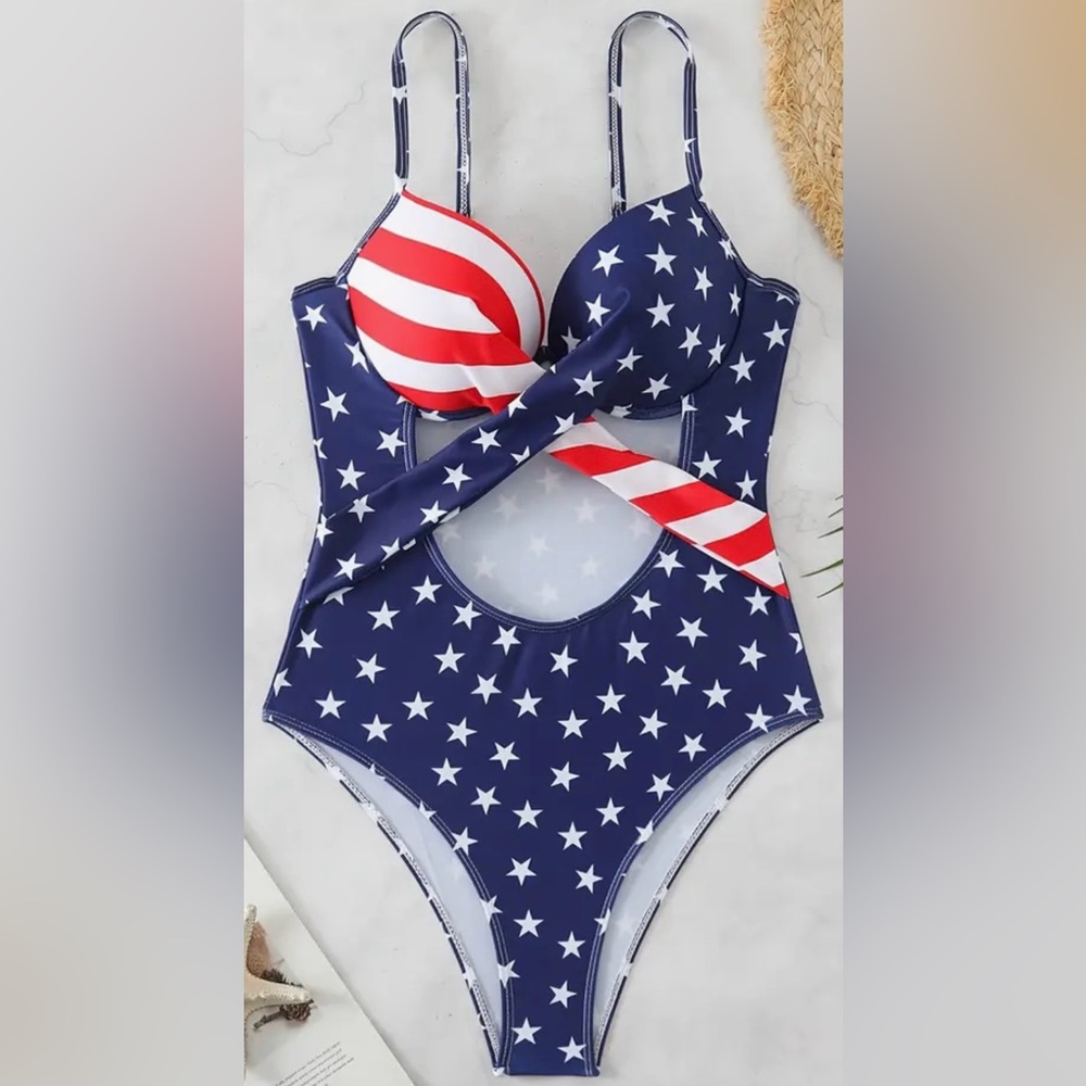 American Flag Stars Stripes Push Up Swimsuit - Picture 2 of 13